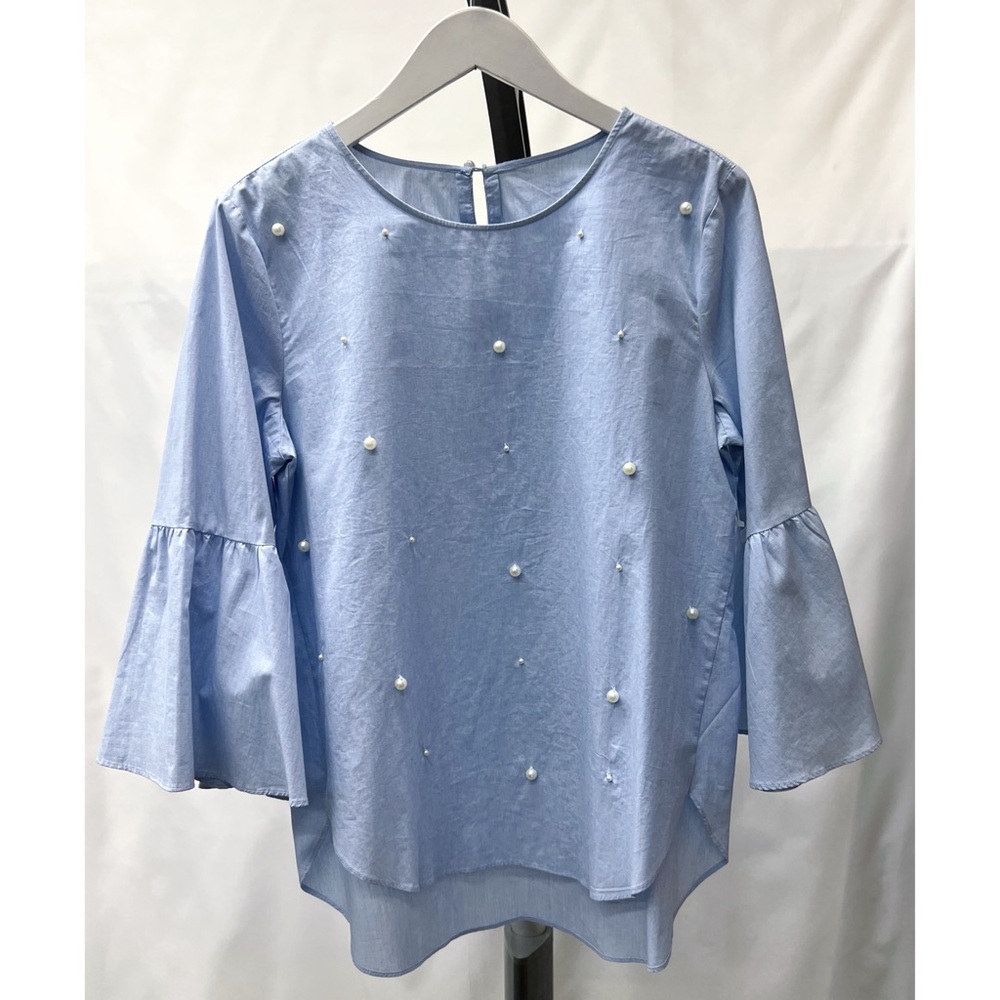 Sky Blue 3/4 Sleeve Faux Pearl Blouse - Picture 6 of 15